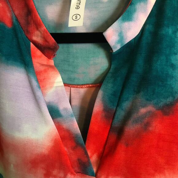 Honeyme Tie Die 3/4 Sleeve Red White Purple Teal Flowy Blouse Size Small - Picture 5 of 6